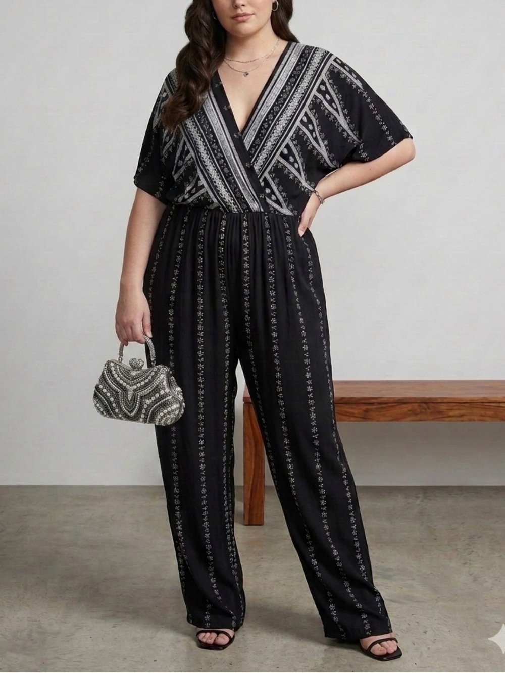 Scoop Black & White Patterned Wrap Jogger Jumpsuit